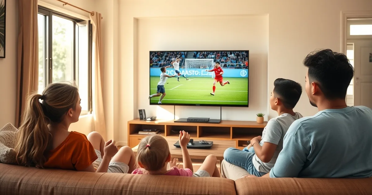 Familia guatemalteca reunida en su sala, con luz natural de día, viendo un partido de fútbol en la televisión