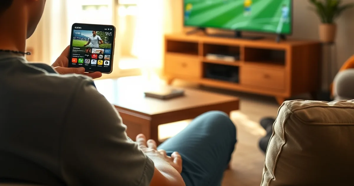 Un aficionado guatemalteco compara apps IPTV en su celular mientras un partido de fútbol se ve en la televisión de fondo, en una sala iluminada de día