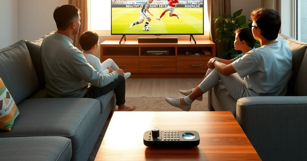 Familia guatemalteca viendo un partido de la Liga Nacional en la sala de su casa, con luz natural entrando por la ventana y un televisor inteligente encendido.