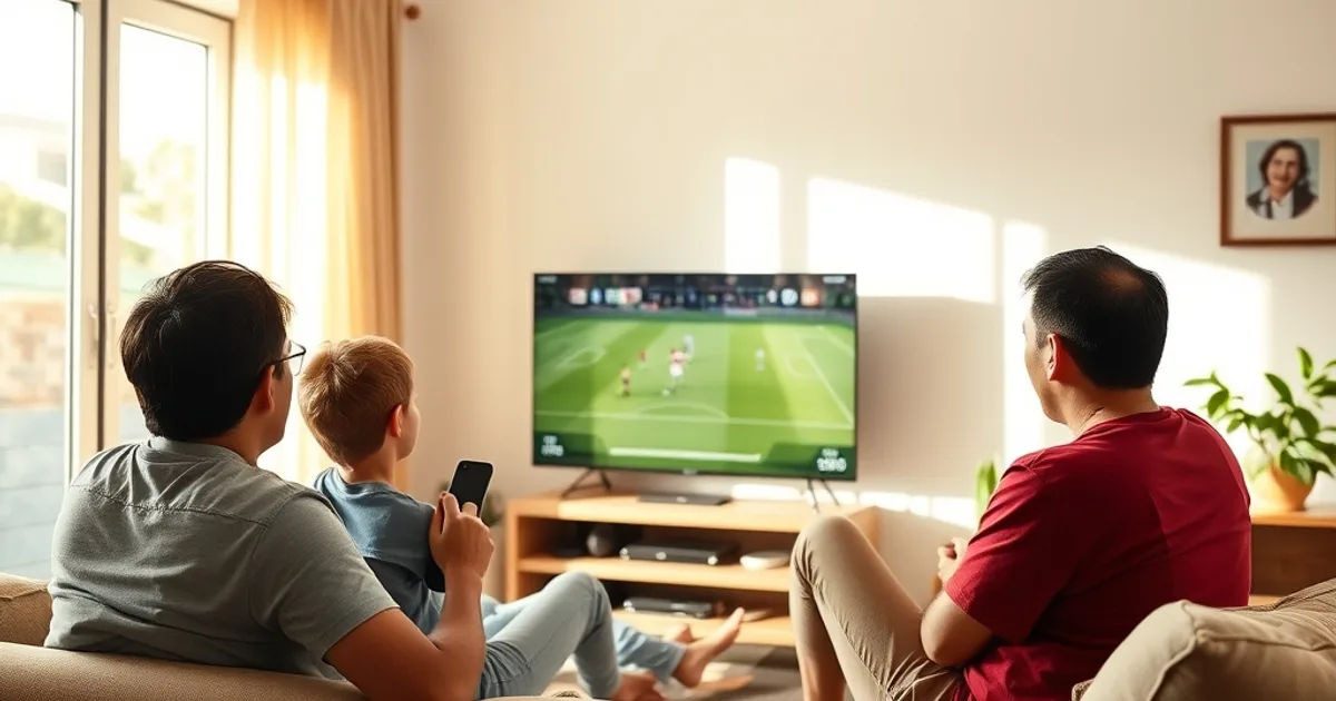 Familia guatemalteca viendo un partido del Mundial 2026 juntos en la sala de su casa, con luz natural de día