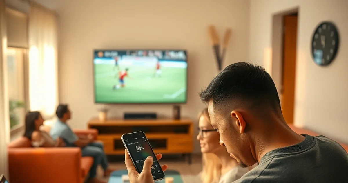 Familia guatemalteca viendo un partido de fútbol en la sala mientras revisa el consumo de datos de su plan de internet en el celular