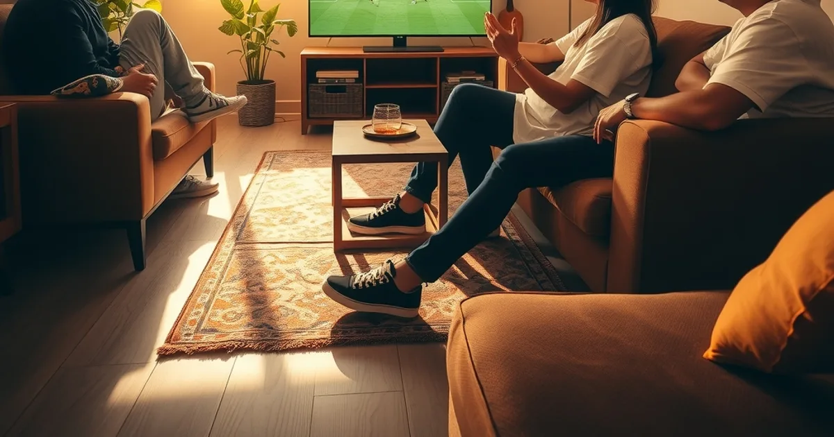 Grupo de amigos viendo un partido de fútbol en la sala de su casa durante el día, con luz natural