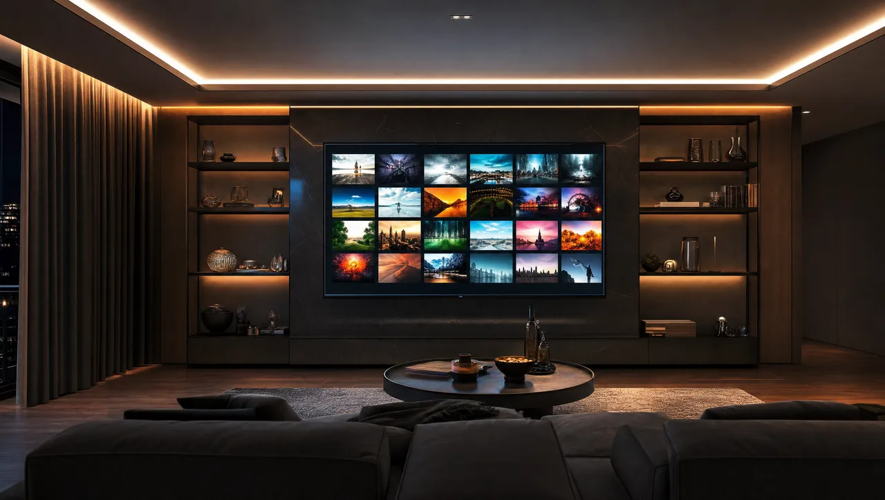 Pared de pantallas reproduciendo contenidos, ilustrando IPTV Guatemala en Smart TV y Firestick