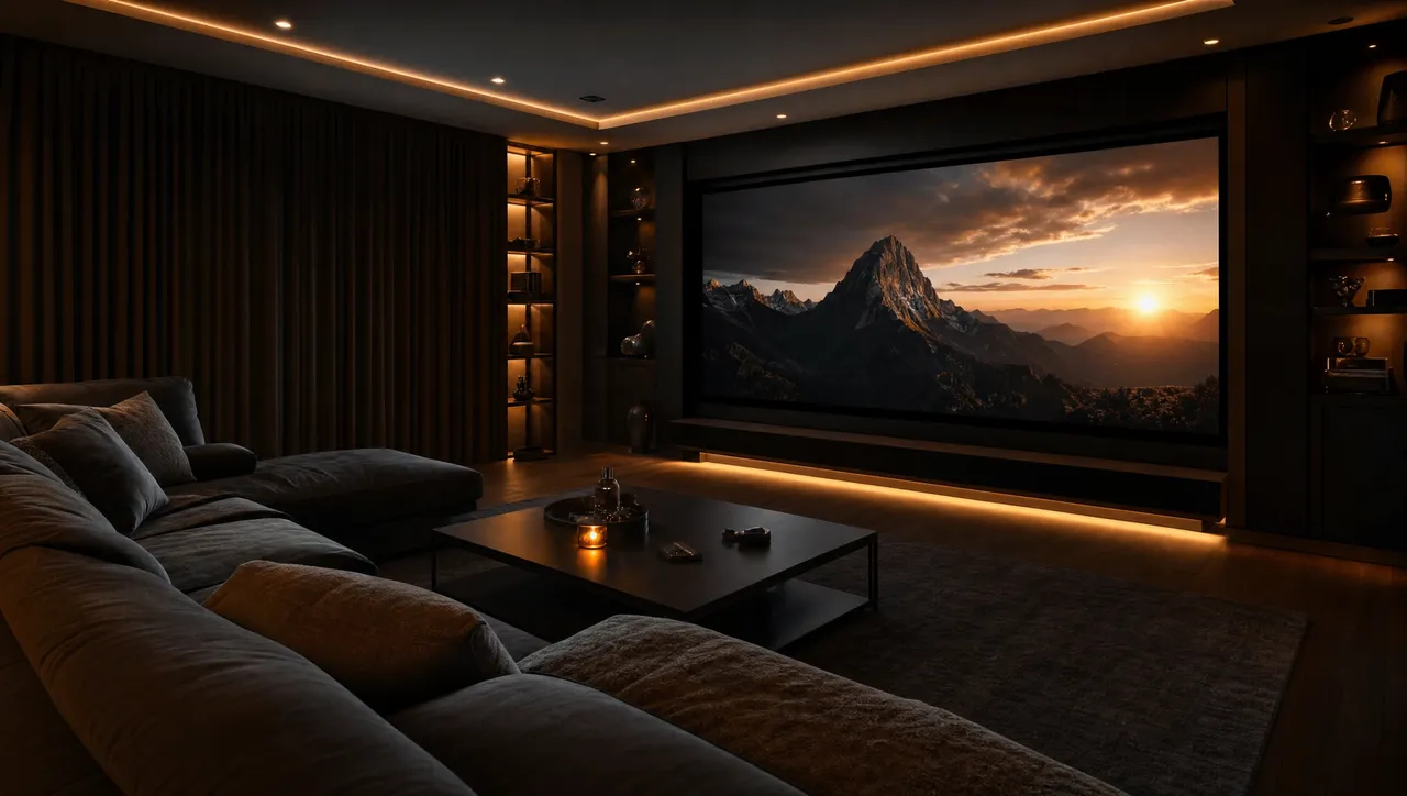 Sala de cine en casa, ilustrando los mejores canales de IPTV Guatemala para ver deportes y películas