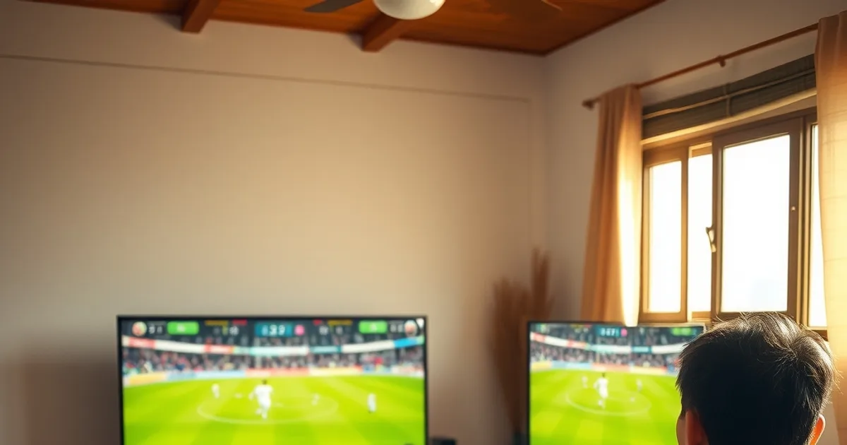 Persona en su sala comparando en su teléfono dos opciones de IPTV mientras un partido de fútbol se transmite en la Smart TV de fondo