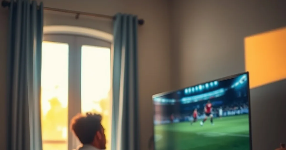Persona ajustando la configuración del router Wi-Fi en casa junto a un televisor con un partido de fútbol de fondo, en una sala iluminada de día