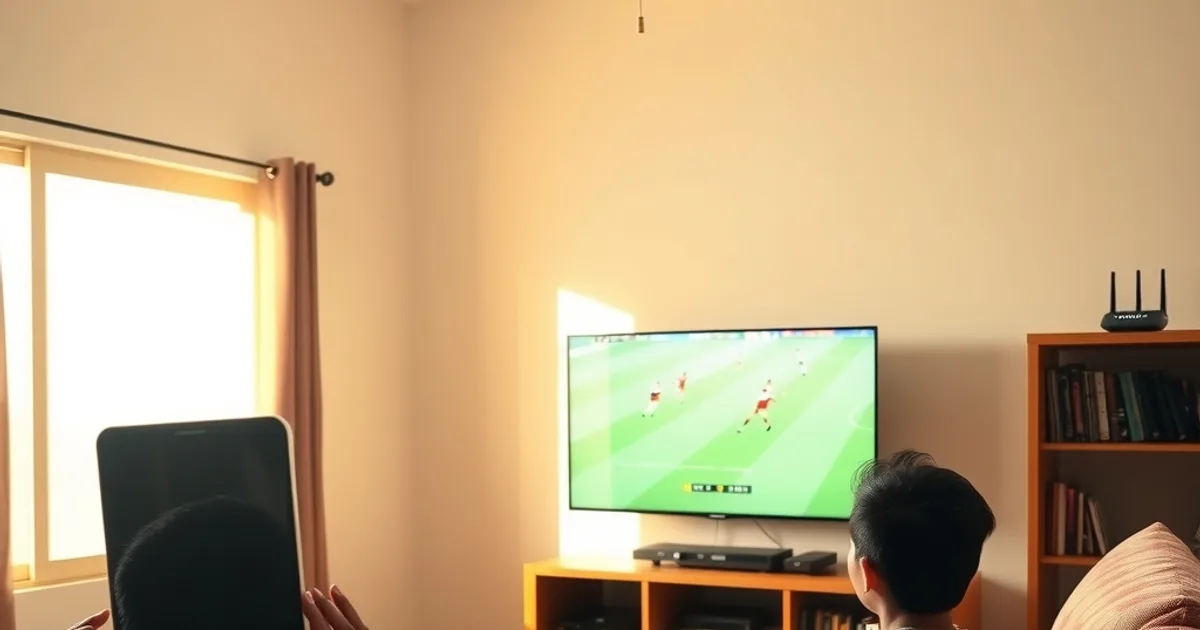 Persona viendo un partido de fútbol sin cortes en su televisor, con el router Wi-Fi visible en una repisa cercana, en una sala iluminada por luz natural