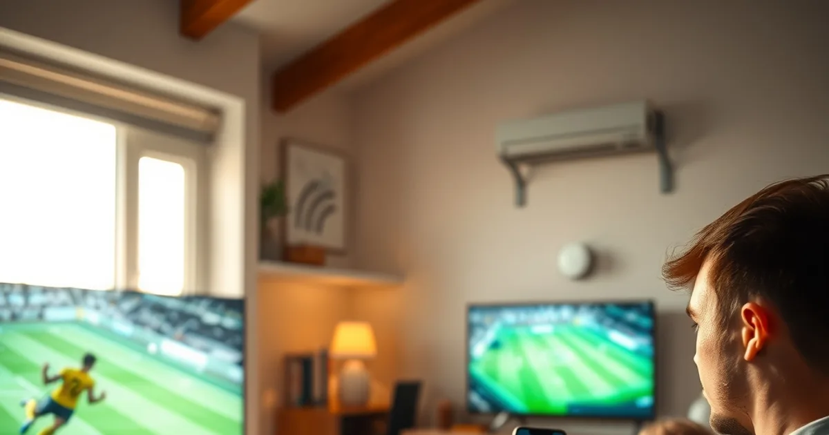 Familia viendo un partido de fútbol en la sala mientras revisa la señal WiFi desde el celular junto al router