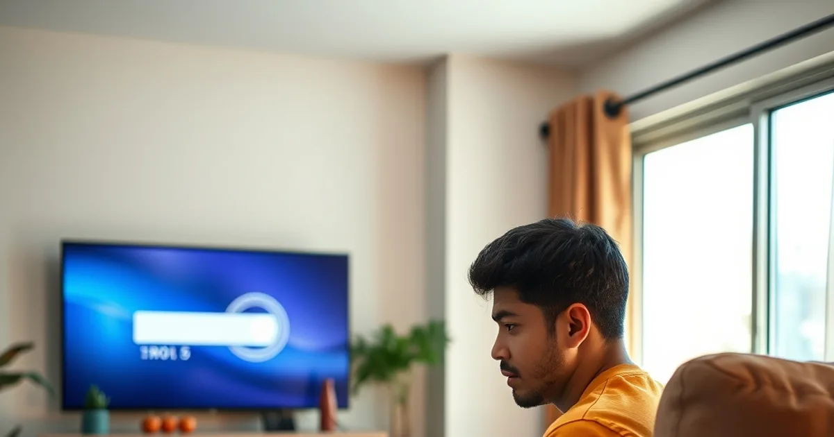Hombre en una sala de estar guatemalteca iluminada por luz natural, mirando un televisor con pantalla de carga mientras revisa su teléfono