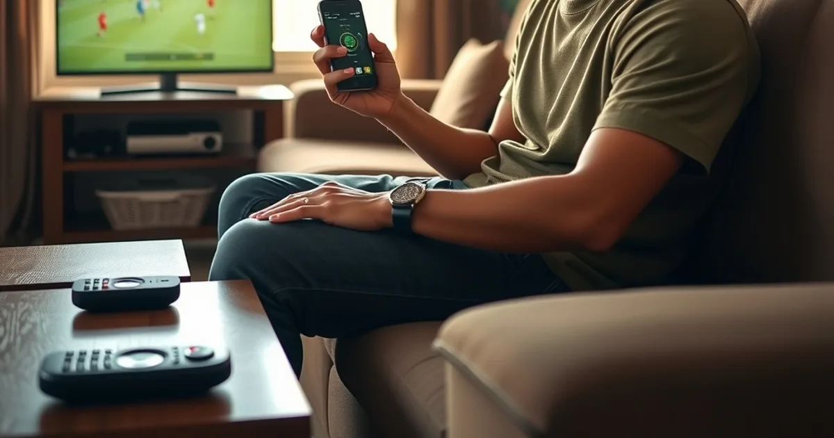 Joven en una sala de estar en Guatemala comparando su celular con un partido de fútbol en la televisión durante una prueba de IPTV
