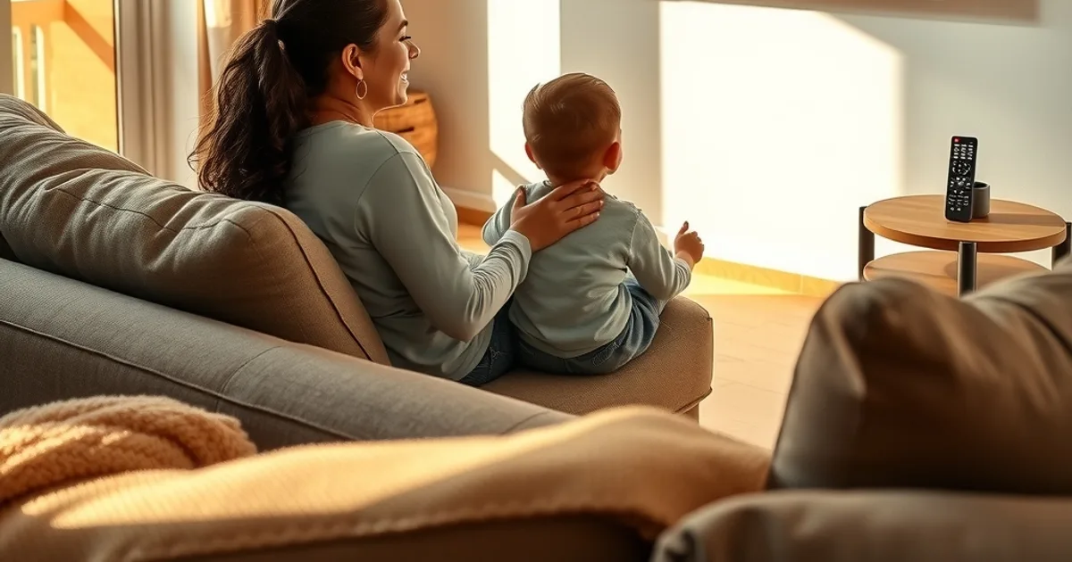 Madre e hijo viendo juntos un canal infantil en una Smart TV en la sala de su casa en Guatemala, con luz natural de tarde