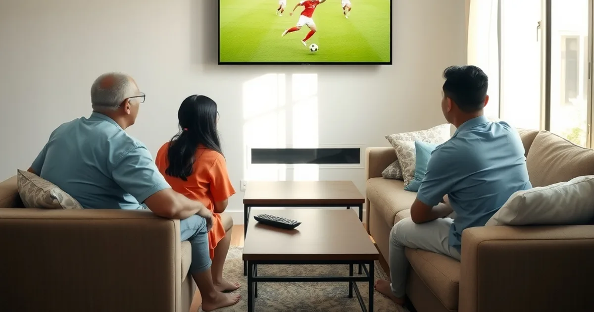 Familia guatemalteca reunida en la sala de su casa viendo un partido de fútbol en la televisión, con luz natural de día entrando por la ventana.