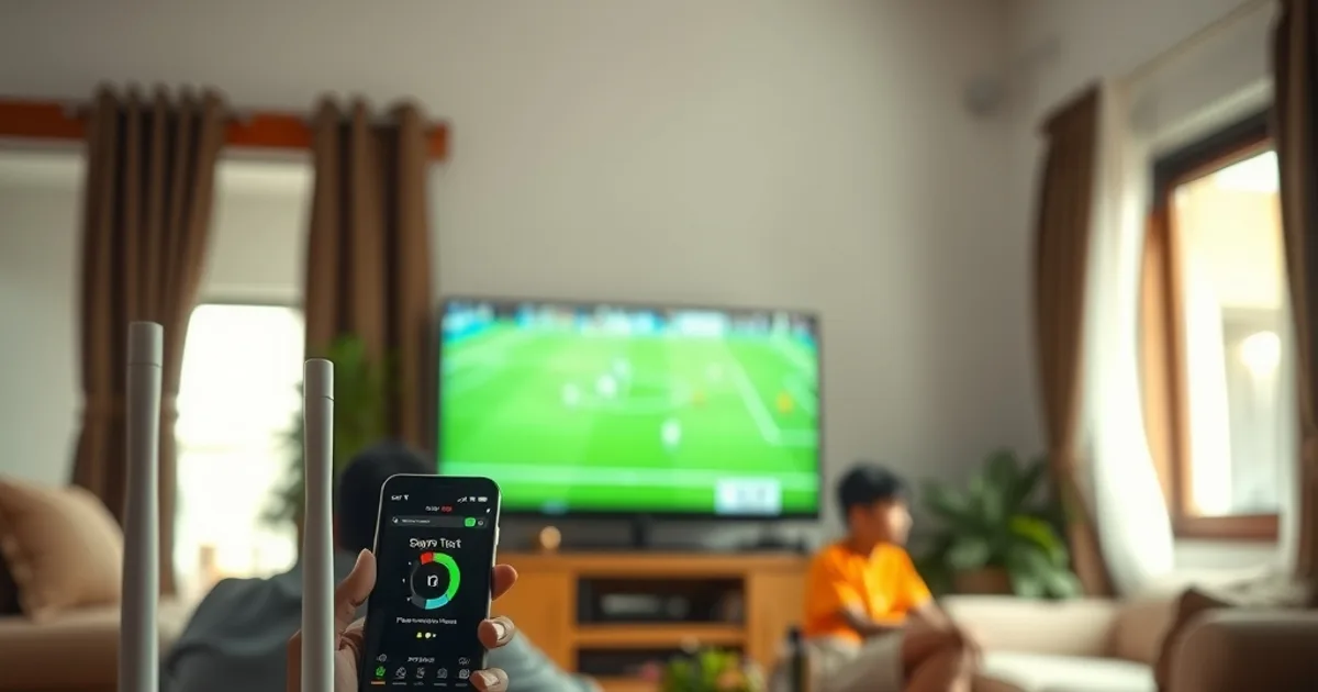 Una persona revisa su router de internet en la sala de su casa mientras en la televisión un partido de fútbol se queda congelado por buffering