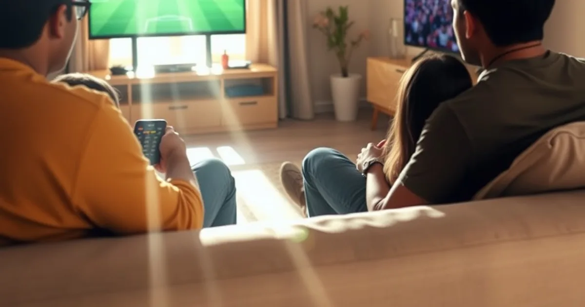 Familia guatemalteca viendo un partido de la Liga Nacional Apertura 2026 por IPTV en su sala, en una tarde soleada.