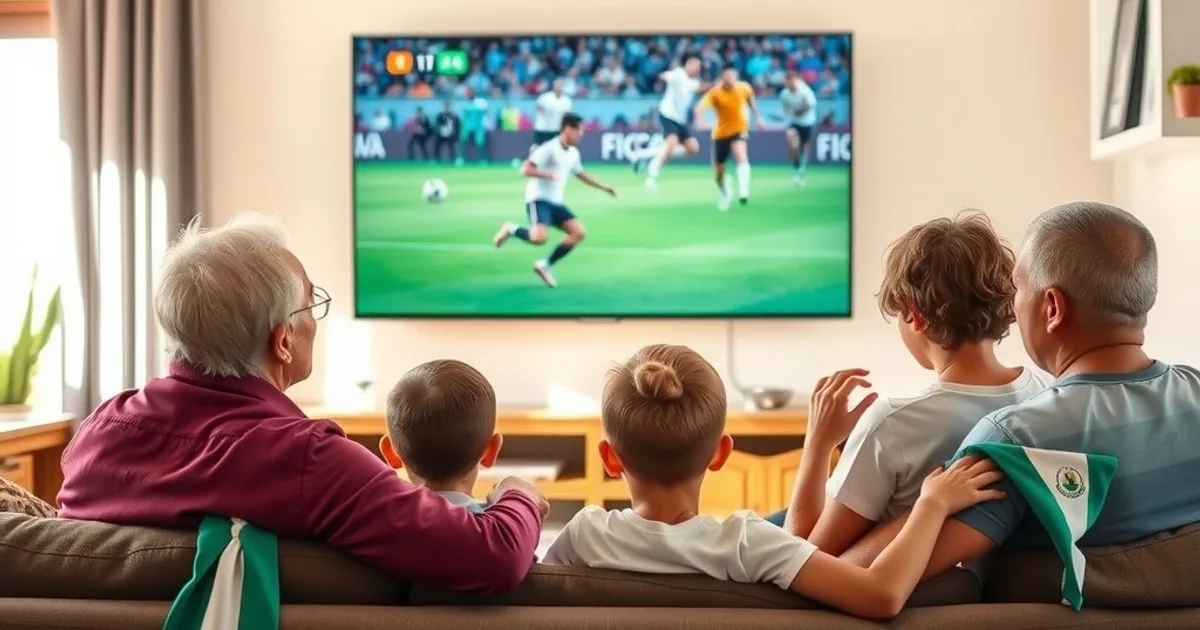 Familia guatemalteca viendo un partido de fútbol de la Selección Nacional en la sala de su casa durante el día