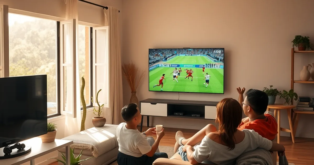 Familia guatemalteca viendo un partido de fútbol juntos en la sala de su casa, con luz natural de tarde