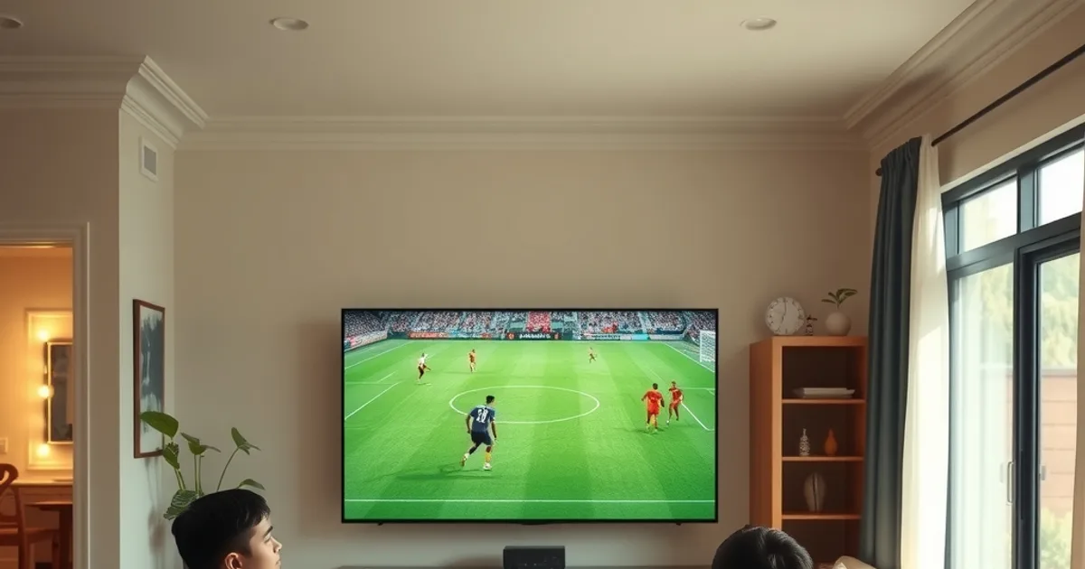 Familia guatemalteca viendo un partido de fútbol en la sala de su casa con luz natural