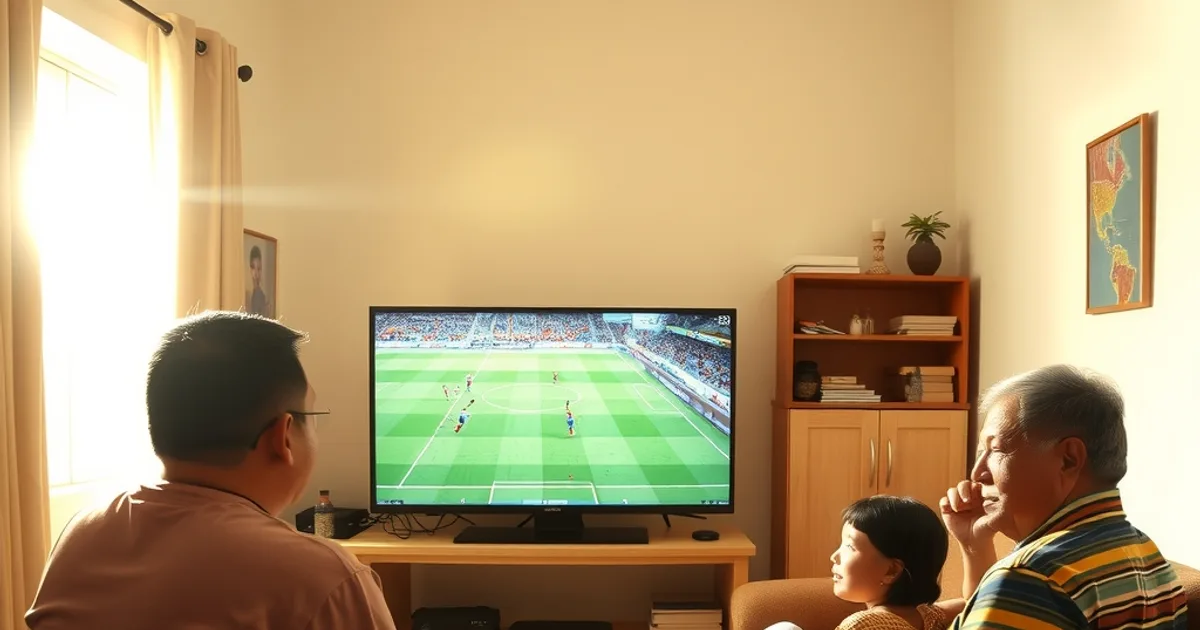 Familia guatemalteca viendo un partido de fútbol en la sala de su casa durante el día, con luz natural entrando por la ventana