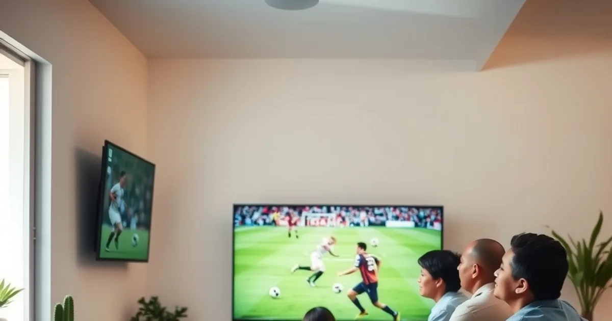 Familia guatemalteca viendo un partido de fútbol en su sala, con el televisor conectado por cable de red a un router visible junto a la ventana