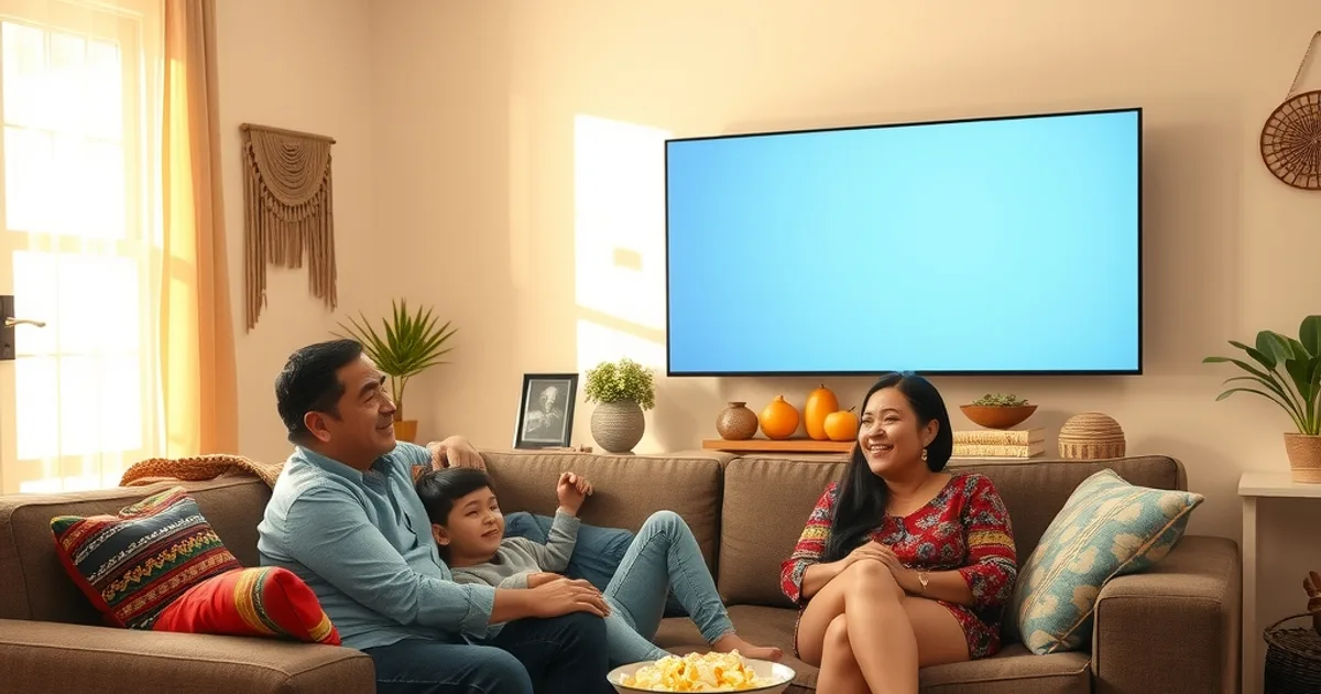 Familia guatemalteca sonriente viendo una película juntos en la sala de su casa durante el día