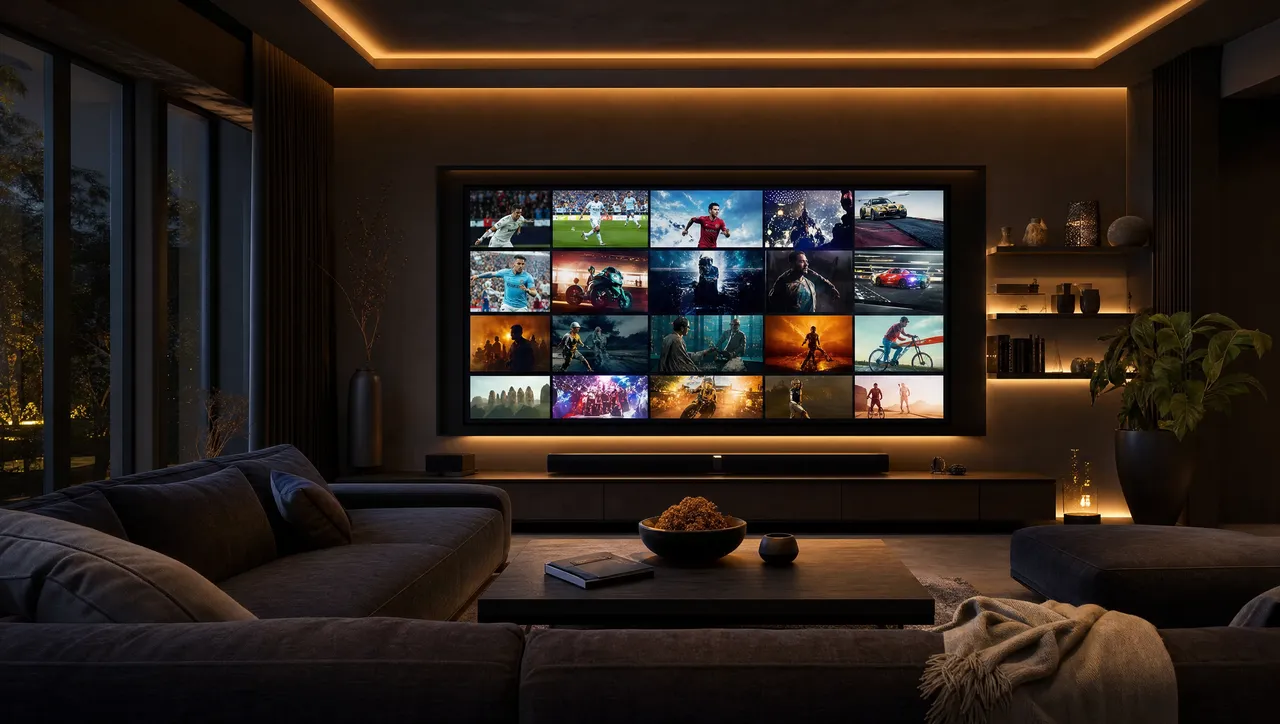 Televisor en una sala mostrando canales en vivo, deportes y películas reunidos en un solo servicio IPTV Guatemala