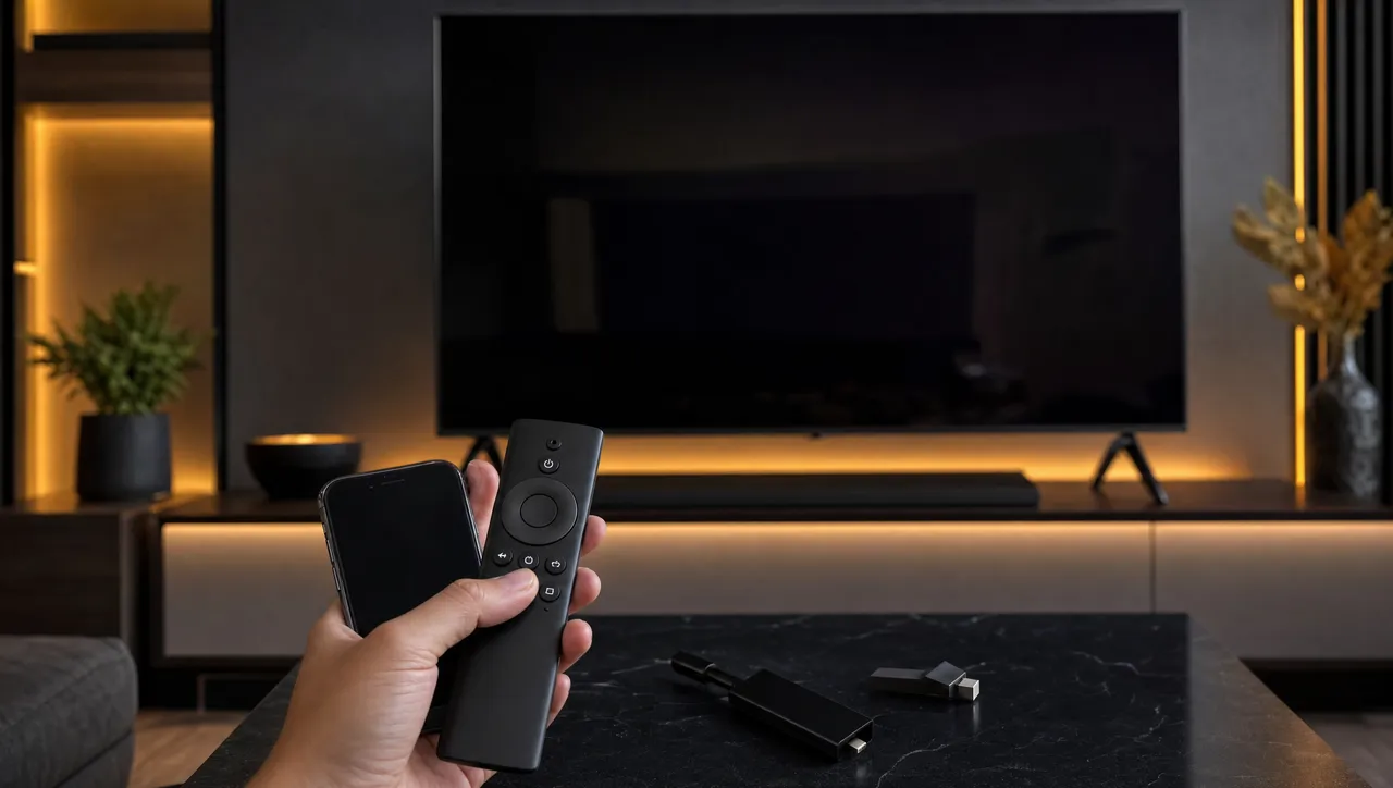 Control remoto frente a un televisor, ilustrando la instalación sencilla de IPTV Guatemala en Smart TV y Firestick