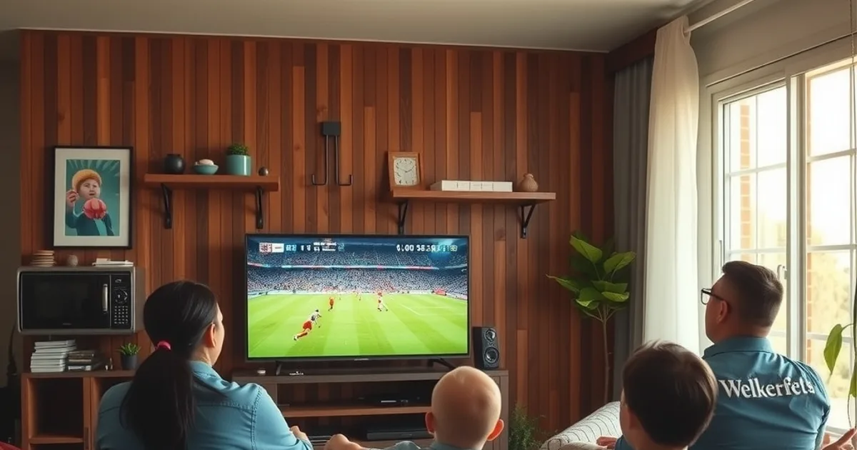 Familia guatemalteca viendo un partido de Liga Nacional en la sala de su casa durante el día