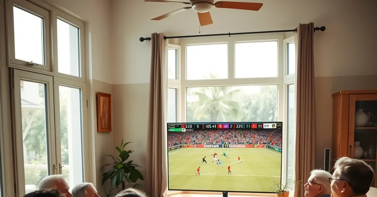Familia guatemalteca reunida en la sala de su casa, viendo un partido de fútbol en la televisión durante la tarde con luz natural.