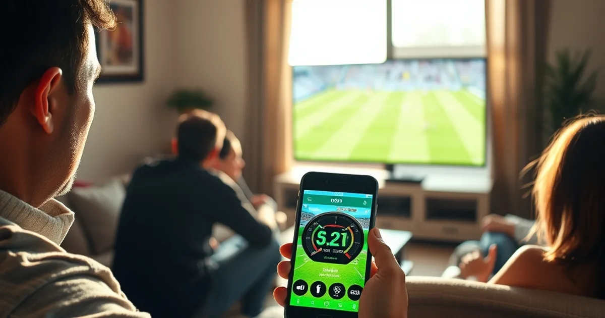Familia guatemalteca revisando la velocidad de su internet en el celular mientras ven un partido de fútbol en la sala, con luz natural de día.