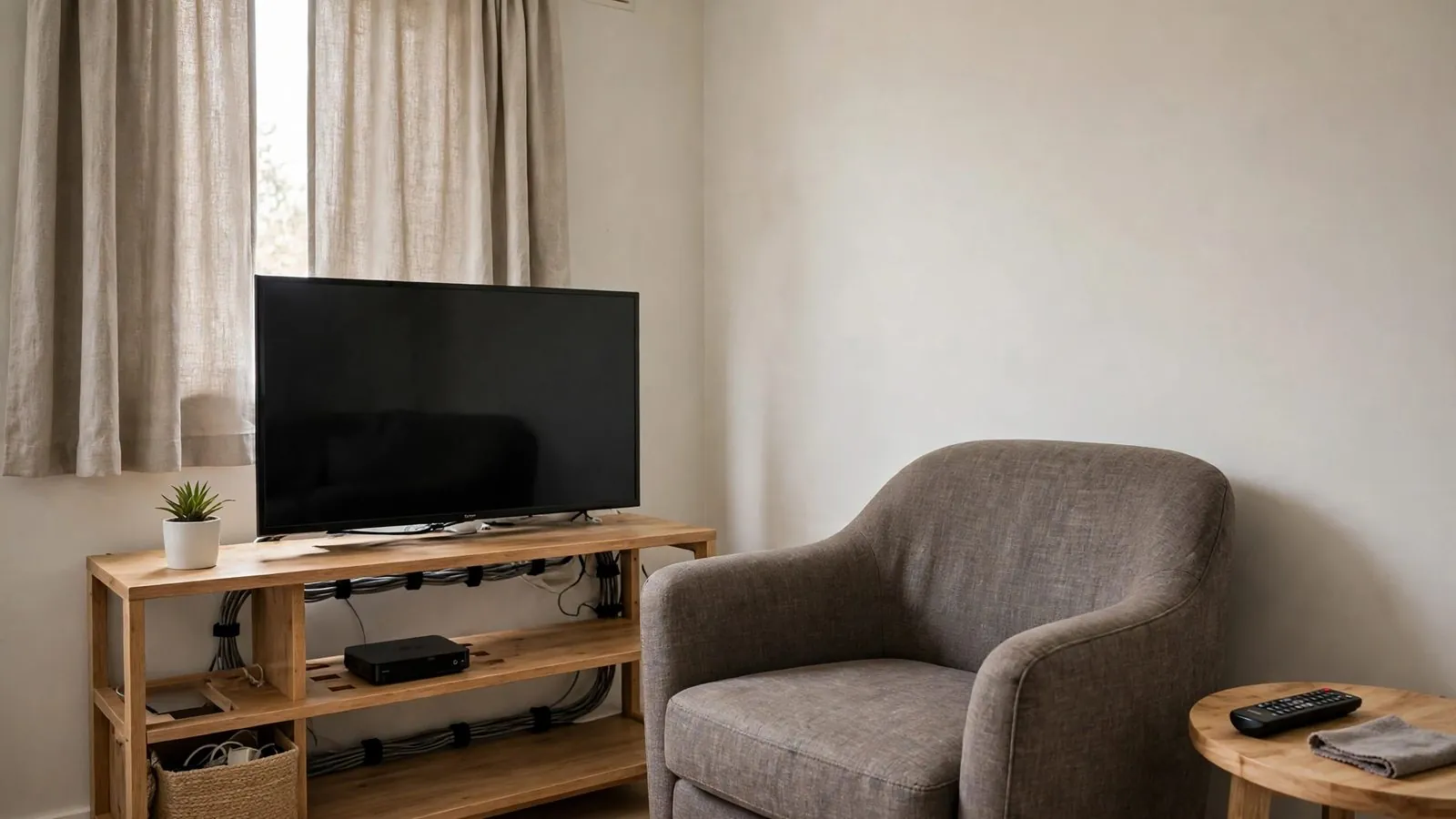 Habitación secundaria con sillón tapizado, estante de madera y un televisor apagado.